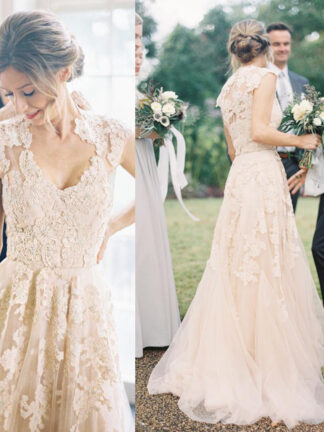 Купить V Neck Full Lace Appliques Blush Champagne Long Sweep Train Reem Acra Formal Bridal Gowns Cheap Country A Line Wedding Dresses