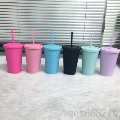 Купить New 16oz Matte Skinny Tumbler Plastic Acrylic Tumblers Double Wall Coffee Drinking Cup With Flat Lids and Straws