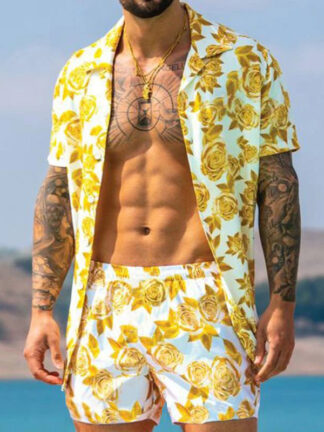 Купить Fashion Men's Summer Tracksuits Hawaii Short Sleeve Printing Blouse Shirt Tops Shorts Sets Clothes Pink Yellow Black