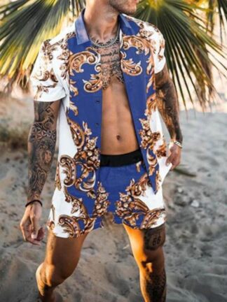 Купить Swimsuit Men's Summer Tracksuits Hawaii Short Sleeve Button Down Nice Printed Shirt Tops Shorts Sets Clothes