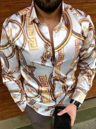 Купить fashion button up mens casual shirts camisa blusa plus size 3xl lujo clothing top chain Blouse spring autumn hawaii Blouse Homme Clothes wholesale sale shirt