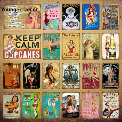 Купить Pin Up Girls With Beer Whiskey Coffee Metal Signs For Pub Bar Cafe Party Home Casino Decor Martini Vintage Wall Poster YI-098