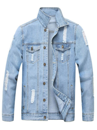 Купить Jeans Jakcet Men Blue Denim Jackets Male Spring Autumn Clothing Streetwear Casual Slim Fit Ripped Jean Coat
