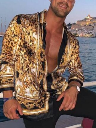 Купить Men long sleeve shirt casual leopard print floral printed top trendy Blouse Homme Bohemian personality Tops