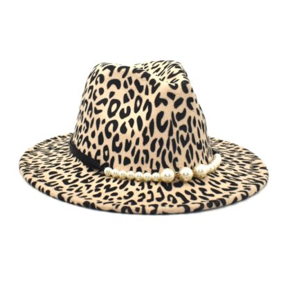 Купить Wide Brim Hats Fashion Retro Leopard Print Pearl Jazz Top Hat Winter Imitation Woolen Ladies Versatile Fedora Panama 3608 Q2