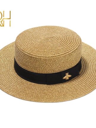 Купить Wide Brim Hats Ladies Sun Boater Flat Small Bee Sequins Straw Hat Retro Gold Braided Female Sunshade Shine Cap RH