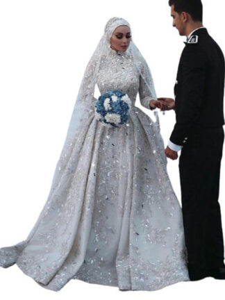 Купить 2022 A Line Muslim Wedding Dress Bridal Gowns Major Beading High Neck Long Sleeves Lace Garden Dresses