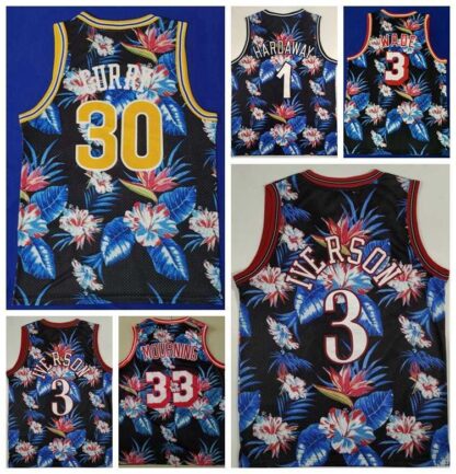 Купить Floral Basketball Jersey Penny Hardaway Dwyane Wade Allen Iverson Stephen Curry Alonzo Mourning All Stitched Black Top Quality