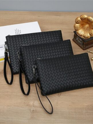Купить Fashion Men's Woven Handbag Large Capacity Wallet Soft PU Moneybag Envelope Bag For Men Trend Business Leisure