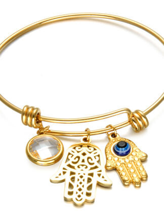 Купить 18K Gold Plating Fatima Hand Charm Bangle Adjustable Bracelet with Rhinestone