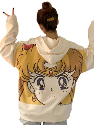 Купить Februaryfrost Sweatshirt Harajuku Sailor Moon Cartoon Print Hoodie Women Loose Casual Cute Pocket Long Sleeve Pullover Tops Clothes
