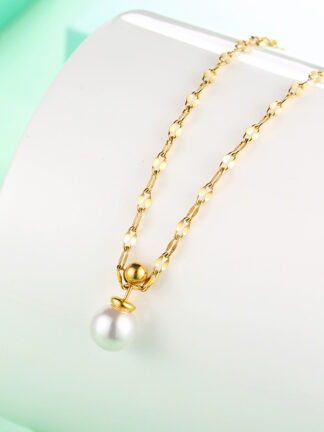 Купить Korean Style 18K Gold Plated Stainless Steel Chain White Pearl Pendant Necklace for Sale