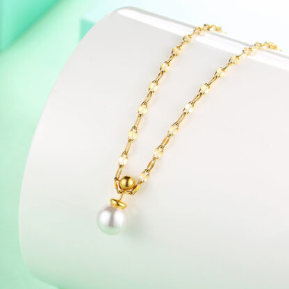 Купить Korean Style 18K Gold Plated Stainless Steel Chain White Pearl Pendant Necklace for Sale