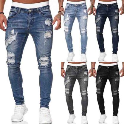 Купить Mens Jeans Fashion Hole Ripped Jeans Trousers Casual Men Skinny Jean High Quality Washed Vintage Pencil Pants 5 Colora Size S-3XL
