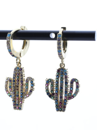 Купить Young Ladies Gift Gold Plated Brass Hoop Earrings Micro Pave Multi Color Zircon Cactus Charm Earring