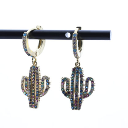 Купить Young Ladies Gift Gold Plated Brass Hoop Earrings Micro Pave Multi Color Zircon Cactus Charm Earring