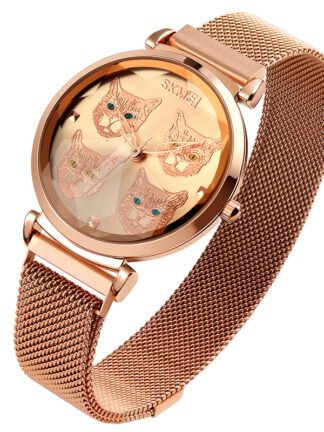 Купить Ladies Mesh Belt 3D Mirror Magnet Buckle Watches 1767 Creative Meow Face Cartoon Casual Quartz Watch