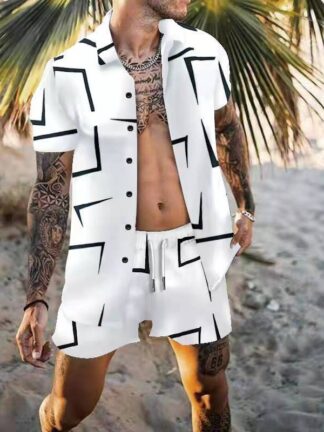 Купить Spring Plus Size Black White Navy Blue Blouse Tracksuit Men's Shorts Loose Short Sleeve Shirt Geometric Print Beach Casual Suit