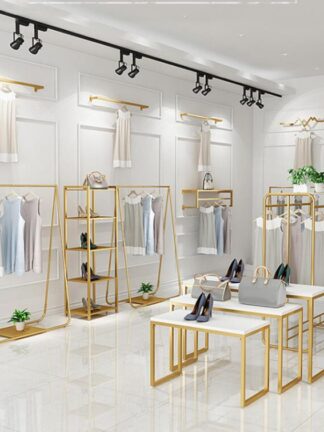 Купить Clothing store display rack floor combination gold women's cloth shop shelf iron hanging clothes racks
