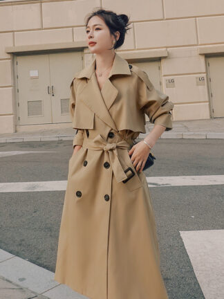 Купить Februaryfrost New Spring Autumn Long Women Trench Coat Double Breasted Belted Storm Flaps Khaki Dress Loose Coat Lady Outerwear Fashion