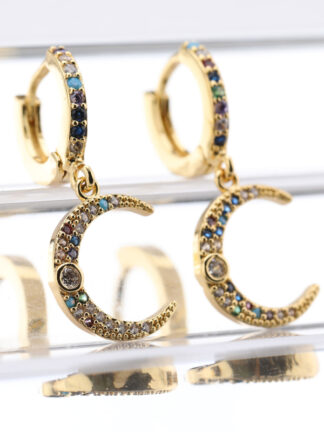 Купить Young Ladies Gift Gold Plated Brass Hoop Earrings Micro Pave Multi Color Zircon Moon Charm Earring