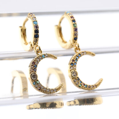 Купить Young Ladies Gift Gold Plated Brass Hoop Earrings Micro Pave Multi Color Zircon Moon Charm Earring