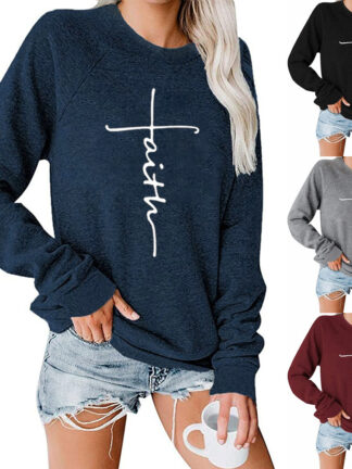Купить Women Designer Faith Cross Print Sweatshirts Autumn Winter Woman Long Sleeve Round Neck Sweatshirt Tops womens Pullover T-Shirts S-2XL