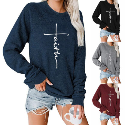 Купить Women Designer Faith Cross Print Sweatshirts Autumn Winter Woman Long Sleeve Round Neck Sweatshirt Tops womens Pullover T-Shirts S-2XL