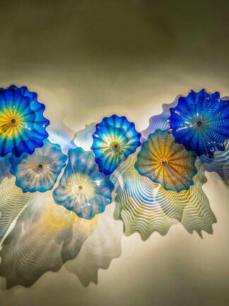 Купить Blue Glass Lamp Hand Made Murano Plate Sconce Abstract Flower Art Lamps Nordic Living Room Wall Decoration