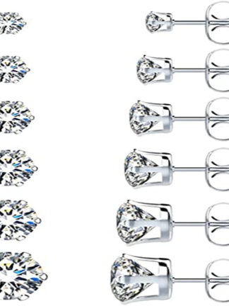 Купить 6 Pairs Stainless Steel Stud Earrings Set Hypoallergenic Cubic Zirconia 18K White Gold 316L CZ Earrings