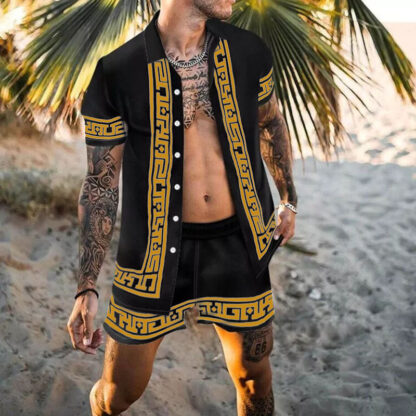 Купить Summer Men's Tracksuits Plus Size Blouse Tracksuit Men's Shorts Set Loose Short Sleeve Shirt Geometric Print Beach Casual Suit