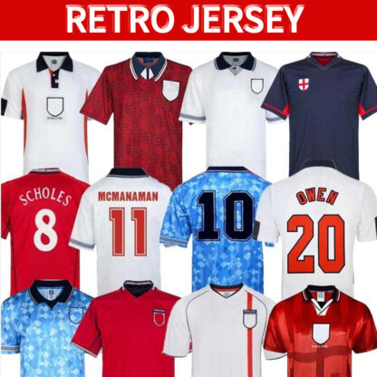 Купить Retro Jersey 1982 1986 1998 2002 2008 Shearer Beckham Soccer Jersey 1989 1990 Gerrard Scholes Owen 1994 Heskey 1996 Gascoigne vintage classic football shirt