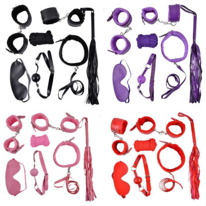 Купить 2022 recommended purchase bondages Blindfold 10 Pcs/set Sexy Lingerie PU Leather bdsm Bondage Set Hand Cuffs Rope Footcuff Whip Erotic Toys For Couples 210417