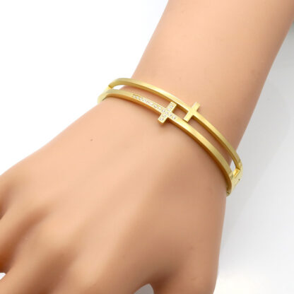 Купить Luxury Brand Double Layered Stainless Steel Cross Bangle Cuff Bracelet for Womens Gift