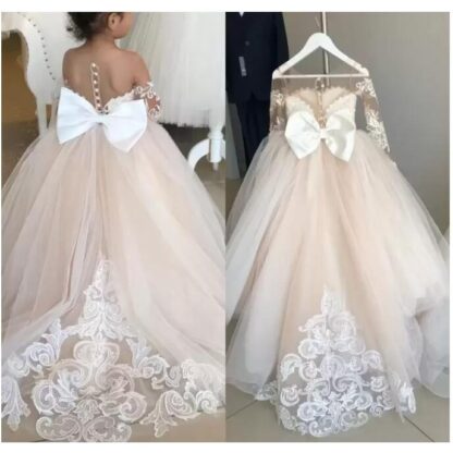Купить Stock 2-14 Years Lace Tulle Flower Girl Dresses Bows Children's First Communion Dress Princess Ball Gown Wedding Party Dress C0122