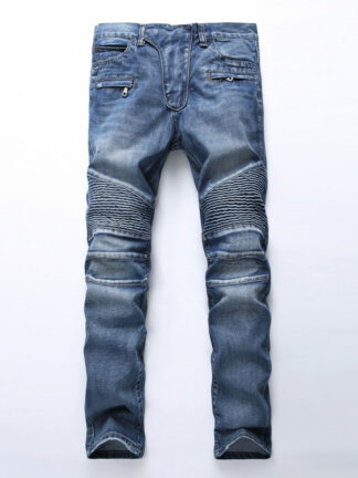 Купить Men's black blue high quality jean Jeans pleated mens Denim Pant slim denims biker skinny cotton Casual Long fashion casual trouser clothing