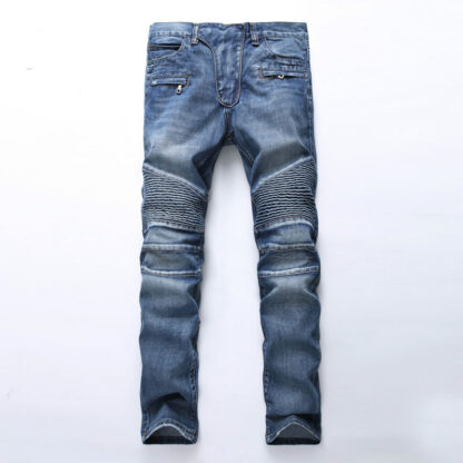 Купить Men's black blue high quality jean Jeans pleated mens Denim Pant slim denims biker skinny cotton Casual Long fashion casual trouser clothing