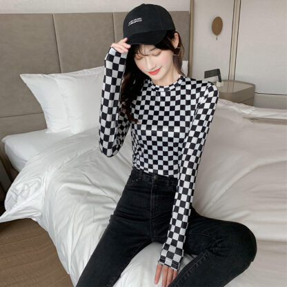 Купить Designer Women's T-Shirt Checkerboard Plaid Bottom Shirt Top Sunscreen Long Sleeve T-Shirt