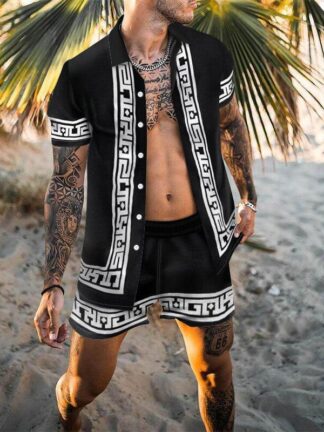 Купить blouse Shorts Summer Men 2 Pieces Sets Casual Short sandy beach Tracksuit Male Set Long Sleeve Clothing Printed