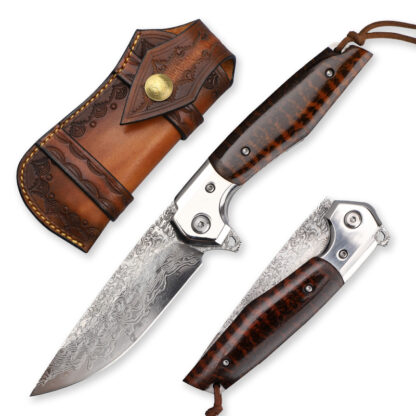 Купить Japan Damascus Steel Folding Knife VG10 Forged Hand Knife Snake Pattern Wood Handle Camping Hunting Skinning Knives Sharp Pocket Blade Fishing EDC Tools