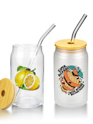 Купить 15oz Sublimation Glass Beer Mugs Bamboo Lid Straw DIY Blanks Frosted Clear Can Shaped Tumblers Cups Heat Transfer Cocktail Iced Coffee Soda Whiskey Glasses 04