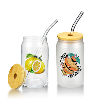 Купить 15oz Sublimation Glass Beer Mugs Bamboo Lid Straw DIY Blanks Frosted Clear Can Shaped Tumblers Cups Heat Transfer Cocktail Iced Coffee Soda Whiskey Glasses 04