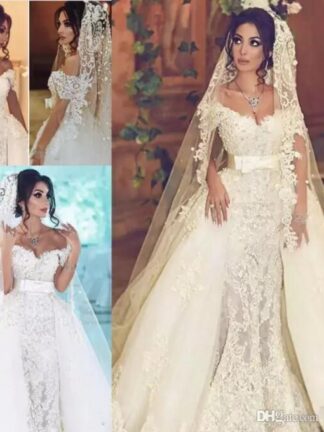 Купить 2022 Vintage Overskirts Wedding Dresses Dubai Arabic Off Shoulder Mermaid Lace Wedding Dress With Detachable Tulle Train Count Train Bridal Gowns C0408