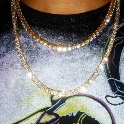 Купить 1 Row Diamond Tennis Chain HipHop Bling Bling Steampunk Cuban link 14k Plated Gold Mens Necklace Iced Out