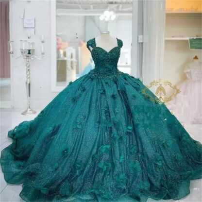 Купить 2022 New 3D Flowers Ball Gown Quinceanera Dresses Teal Green Prom Graduation Gowns Lace Up Corset Princess Sweet 15 16 Dress Vestidos C0417