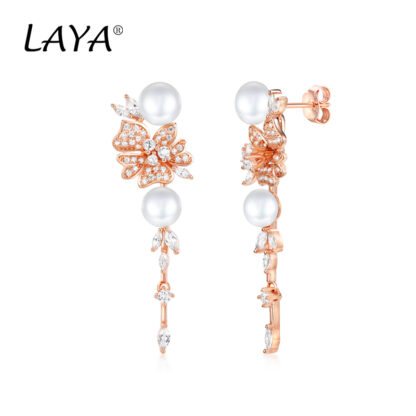 Купить LAYA Natural Bread Beads Pearl Hoop Earrings For Women 925 Sterling Silver Fashion Design Clear Cubic Zirconium Big Circle Wedding Party Exquisite Jewelry Gifts