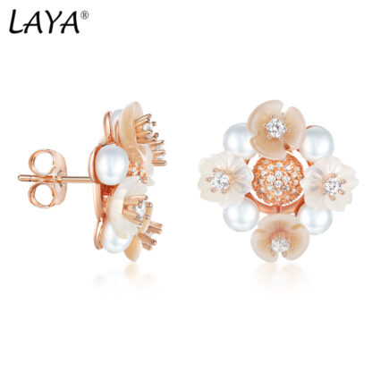 Купить LAYA Stud Earrings For women 925 Sterling Silver Fashion Natural Shell Flower Green Leaf Enamel High Quality Zircon Freshwater Pearl Wedding Jewelry 2022 Trend