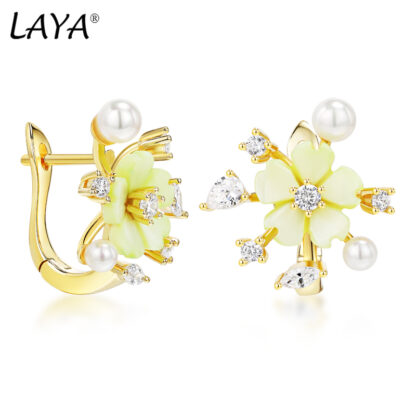 Купить LAYA Clip Earrings For Women 925 Sterling Silver Luxury Jewelry High Quality Zircon Natural Shell Flower Original Modern Jewelry