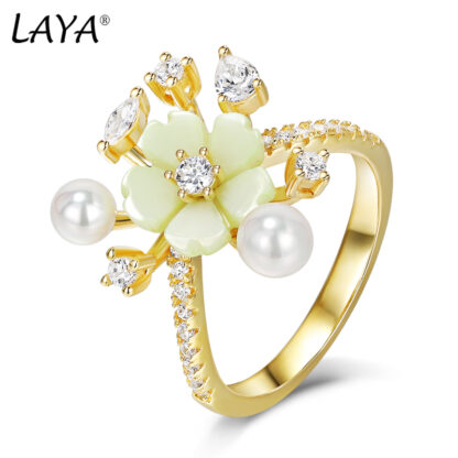 Купить LAYA Cluster Ring For Women 925 Sterling Silver High Quality Zircon Natural Shell Flower Luxury Original Modern Jewelry 2022 Trend