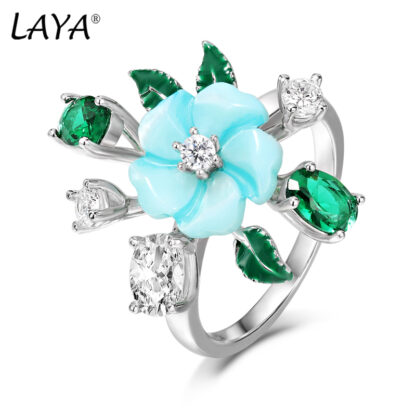 Купить LAYA Cluster Ring For Women 925 Sterling Silver Summer Hot Style Luxury Jewelry Fashion High Quality Zirconium Natural Shell Flower Green Leaf Enamel 2022 Trend